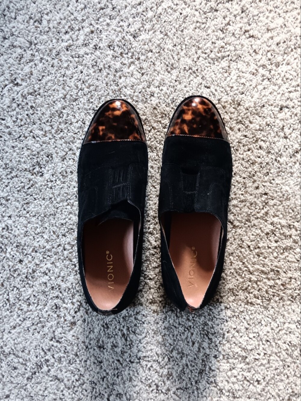 Vionic Jayla Black Suede Oxfords Slip On Tortoise Shell Cap Toe Shoes Women 10